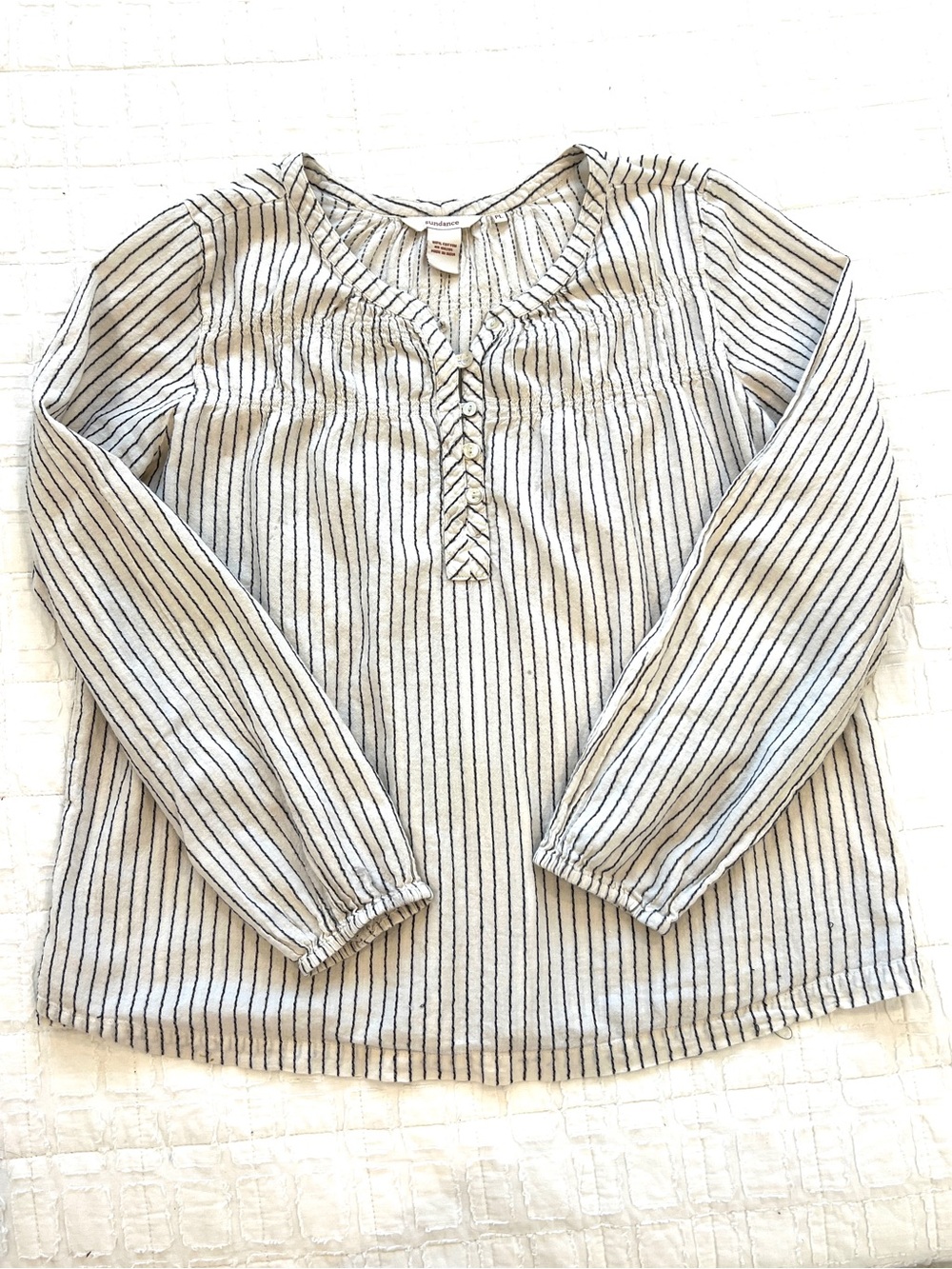 Sundance Ivory Blouse with Black Pinstripes EUC 100% Cotton